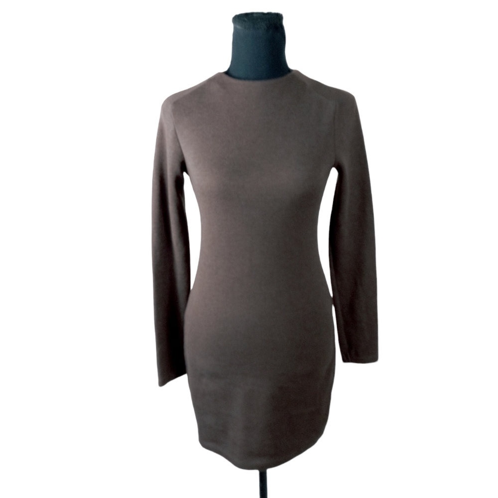 Zara Brown Long Sleeved Knit Bodycon Fitted Mini Sweater Dress Size Small